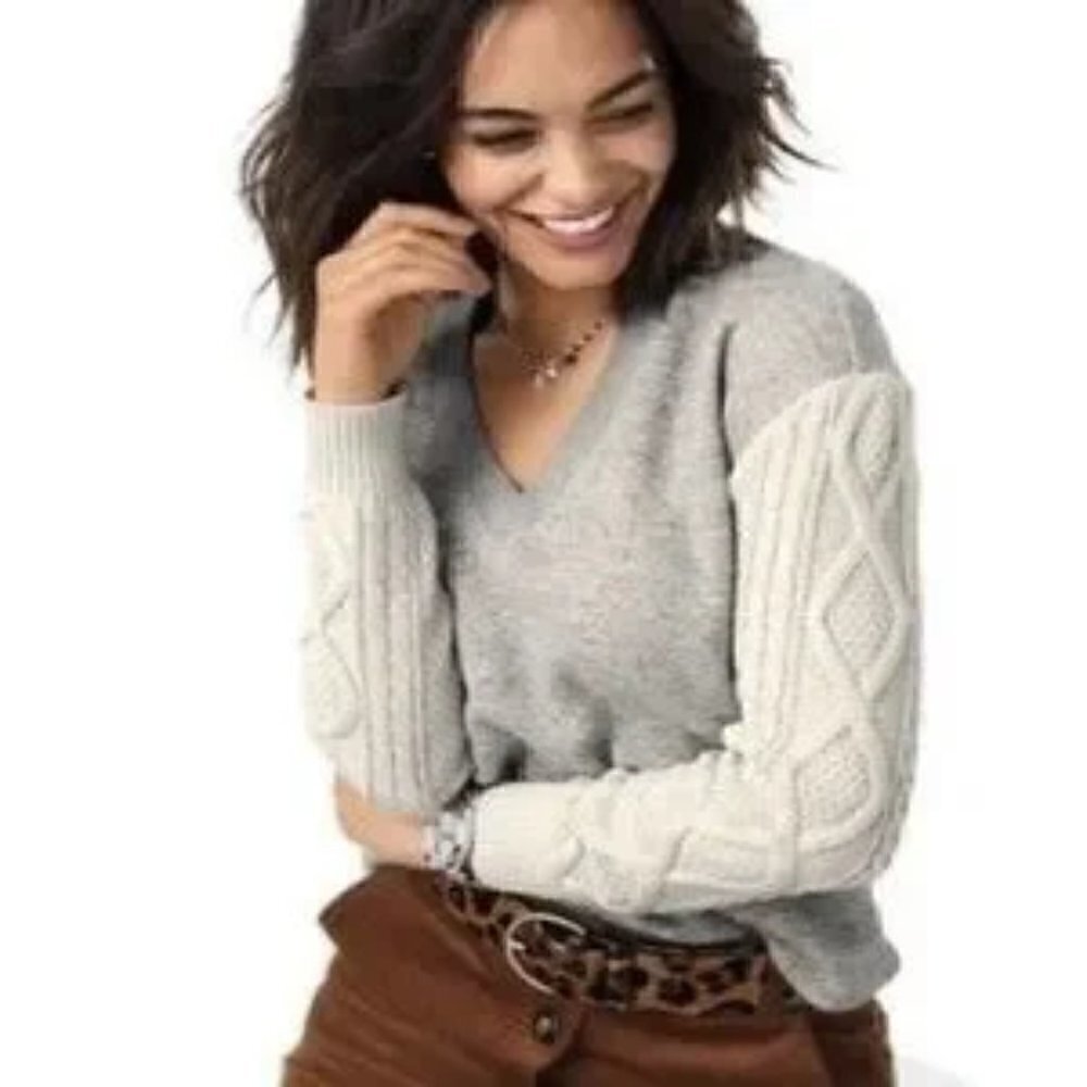 CAbi Fusion Sweatshirt Sweater Cable Knit Gray Drop Shoulder Medium